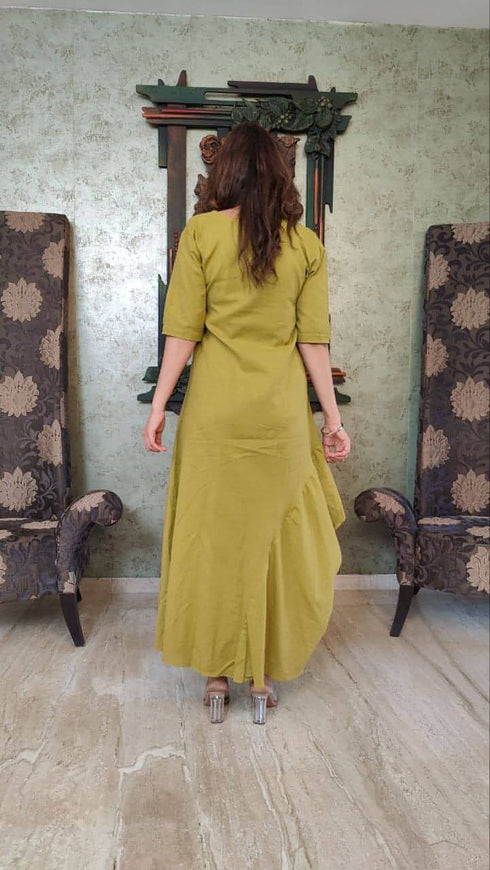 Indo Western Mustard Green Dress With Necklace